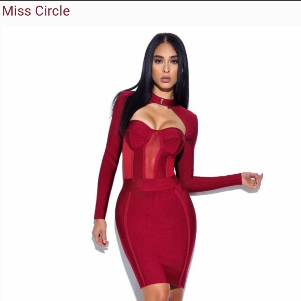 Burgundy high neck bustier bandage midi dress